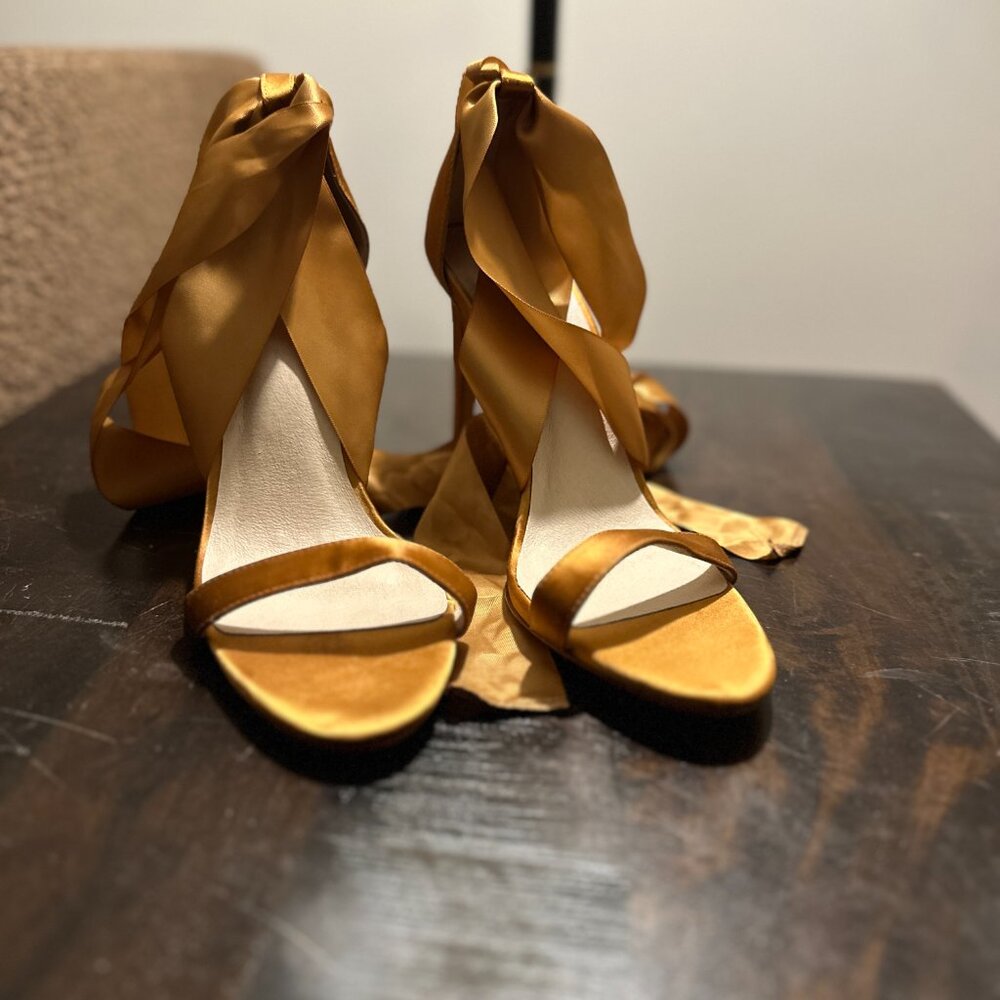 RAYE Gold Wrap Heels